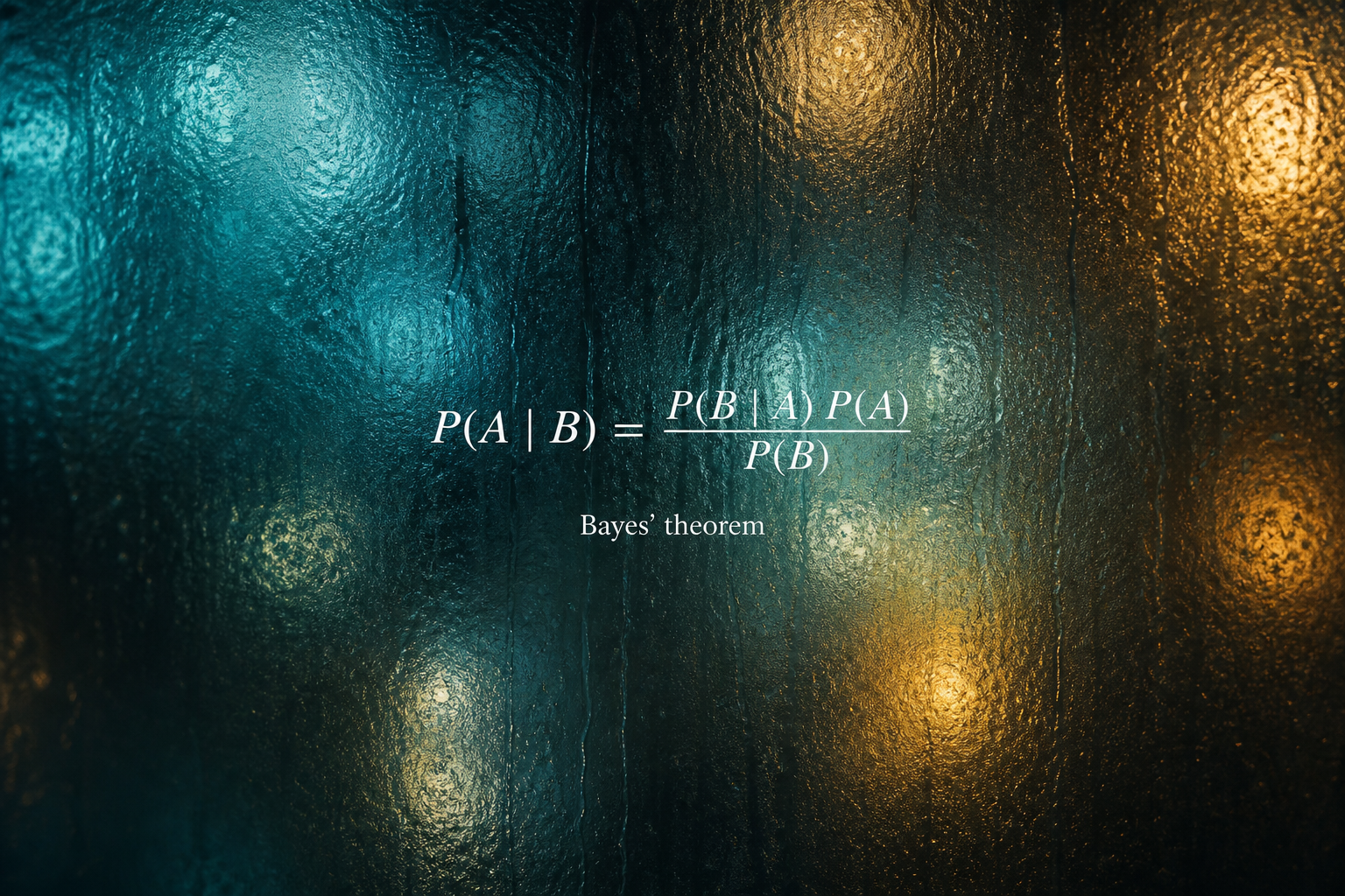 Bayes theorem: posterior probability equals likelihood times prior divided by evidence, on rain-streaked glass at night.