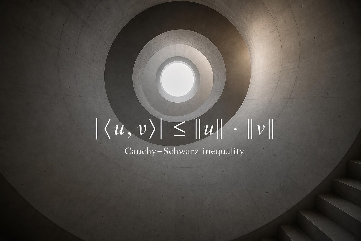 Cauchy–Schwarz inequality: absolute inner product at most product of norms, inside a spiral concrete atrium.