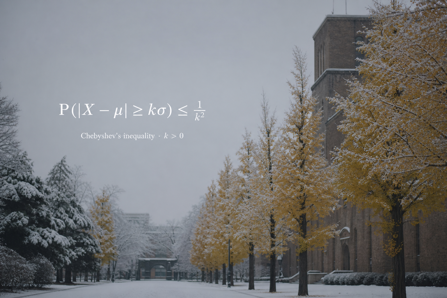 Chebyshev inequality: probability that X deviates from the mean by at least k standard deviations is at most one over k squared, on a snow-covered campus path.