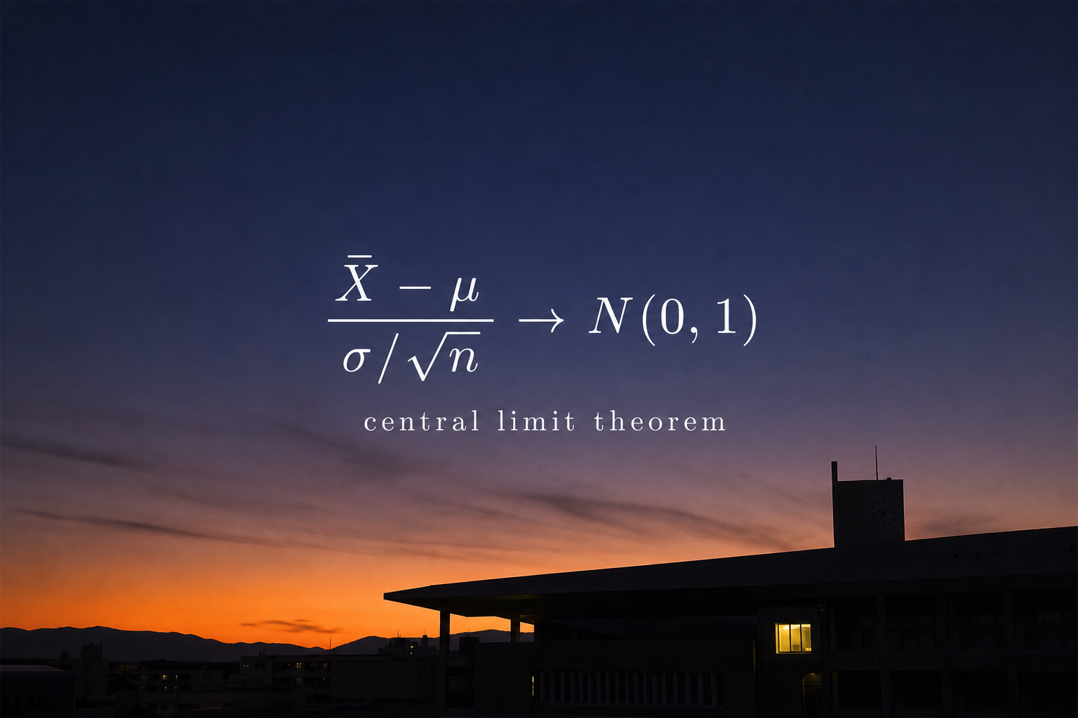 Central limit theorem: standardized sample mean converges to a standard normal distribution, over a dusk campus skyline.