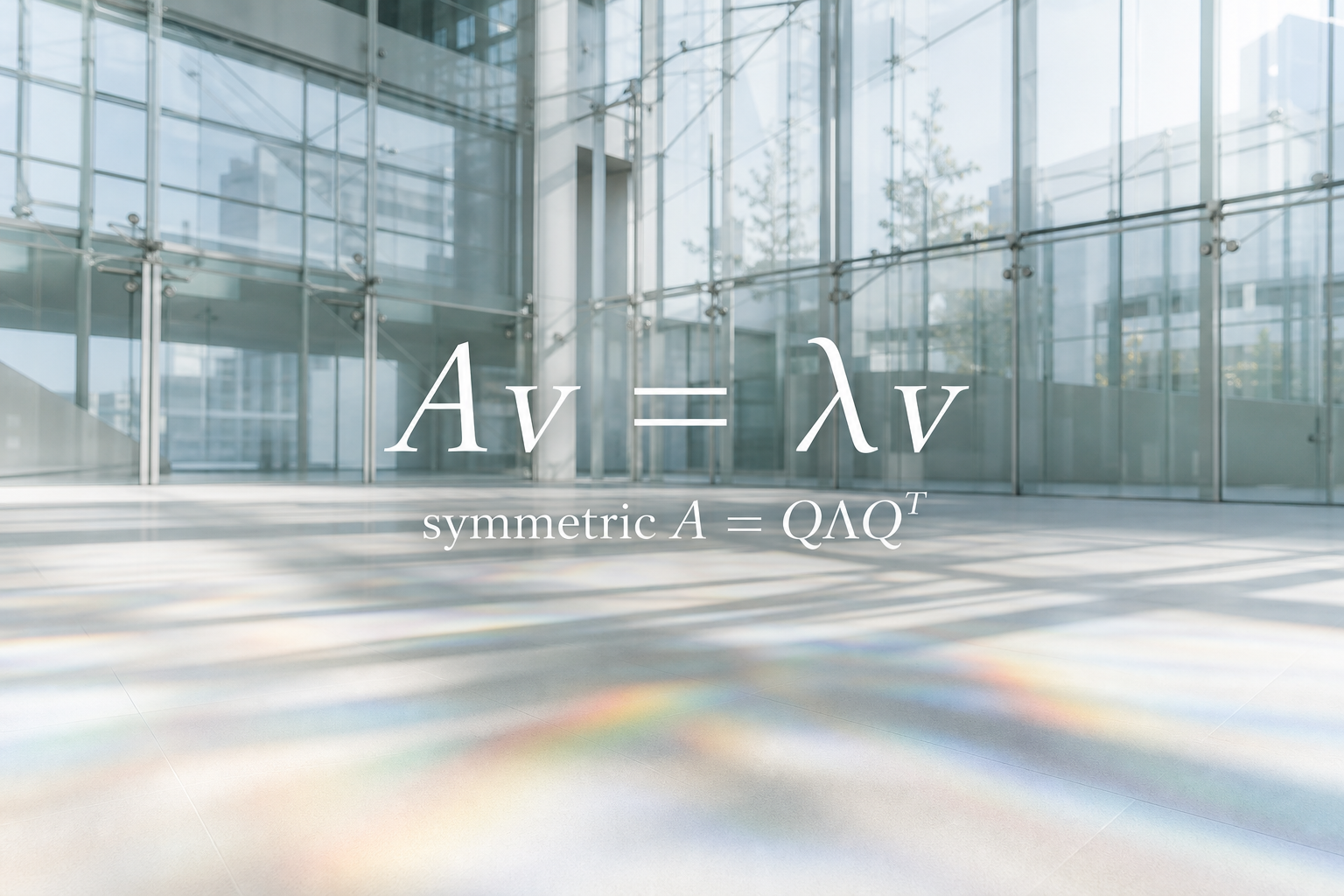 Eigenvalue equation Av equals lambda v and spectral theorem for symmetric matrices, in a glass atrium with rainbow light.