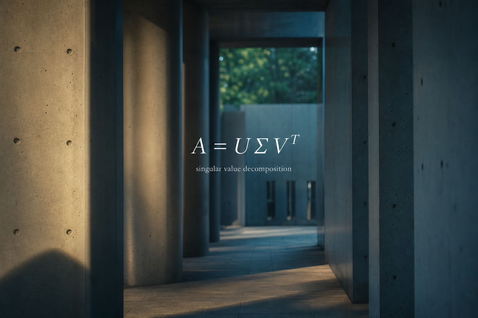 Singular value decomposition: A equals U Sigma V transpose, on a concrete university corridor at golden hour.